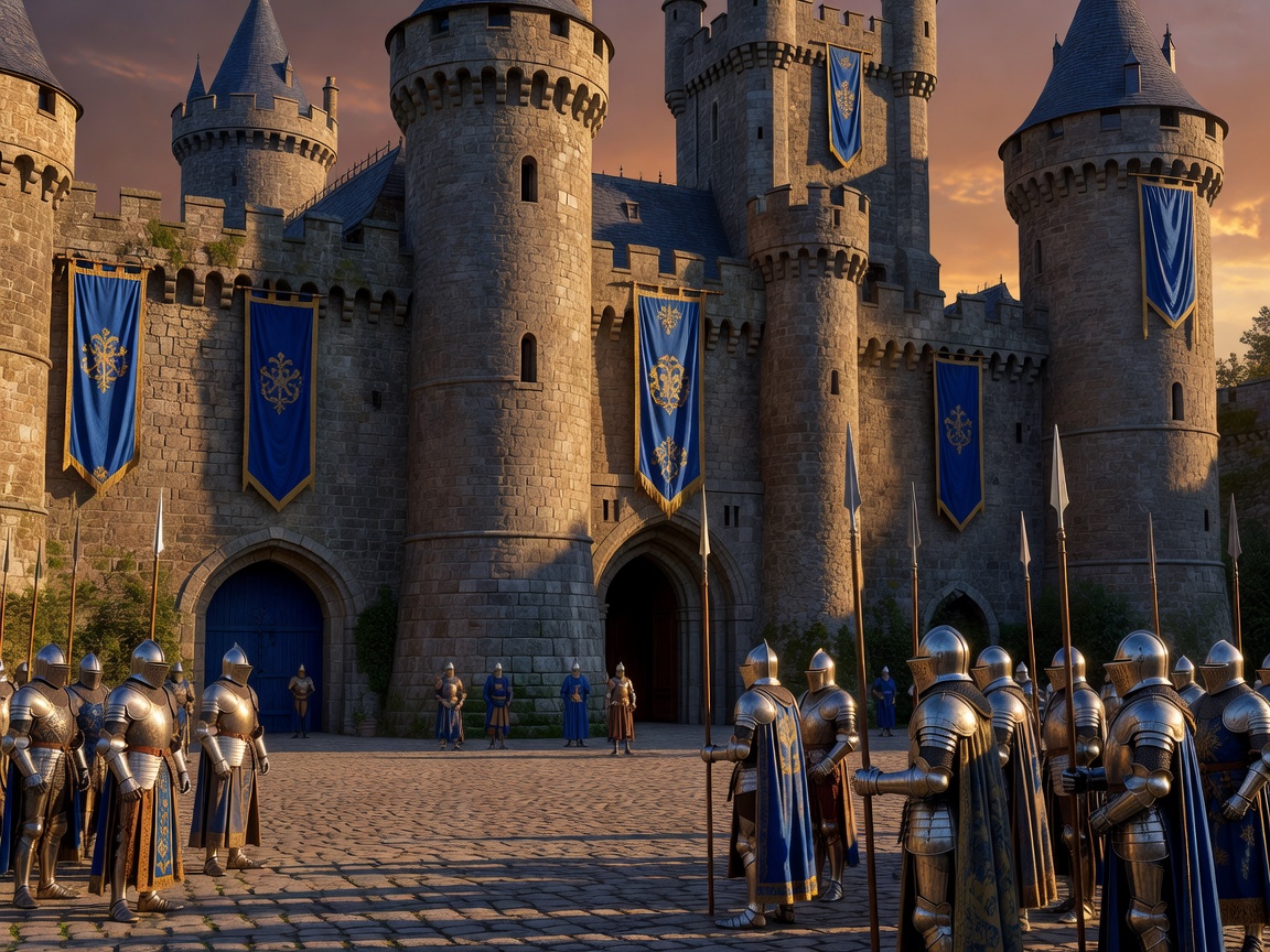 Realistic cinematic medieval stone castle with knightly atmosphere, royal blue and antique gold tones