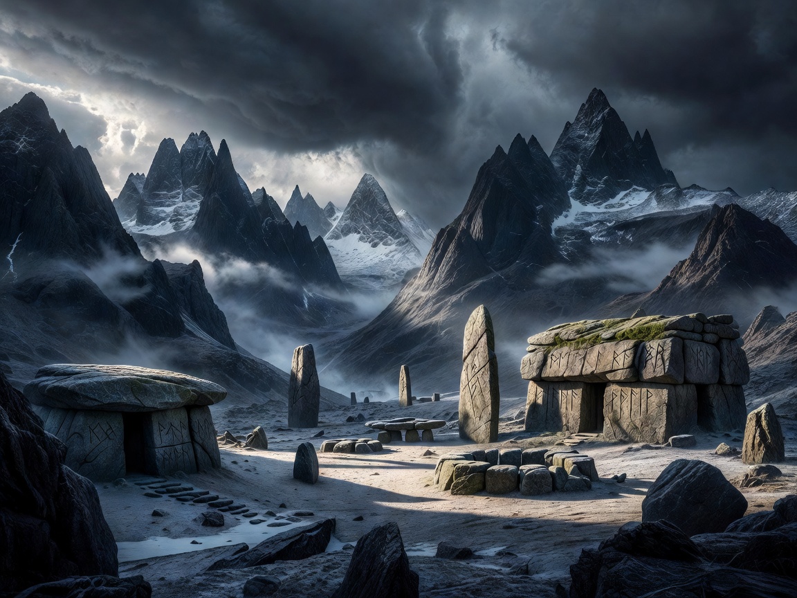 Cinematic dramatic Nordic mountains with Viking-inspired ancient stone structures and cold atmospheric sky