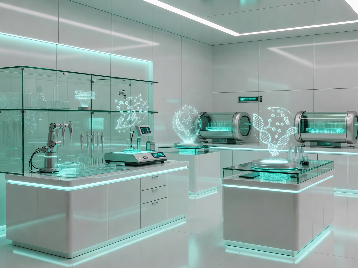 Realistic clean futuristic medical laboratory with scientific equipment, glass surfaces and teal illumination