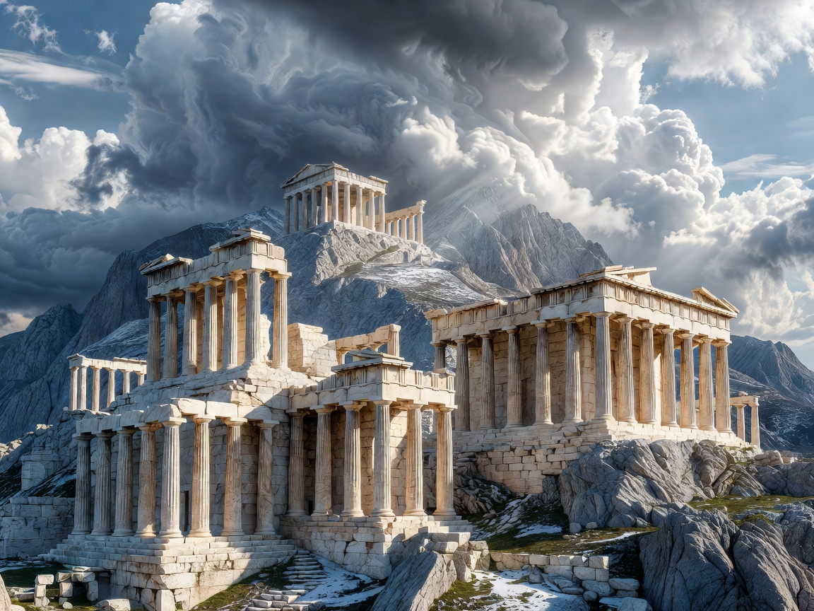 Realistic cinematic Mount Olympus with ancient Greek marble architecture, monumental columns and dramatic clouds